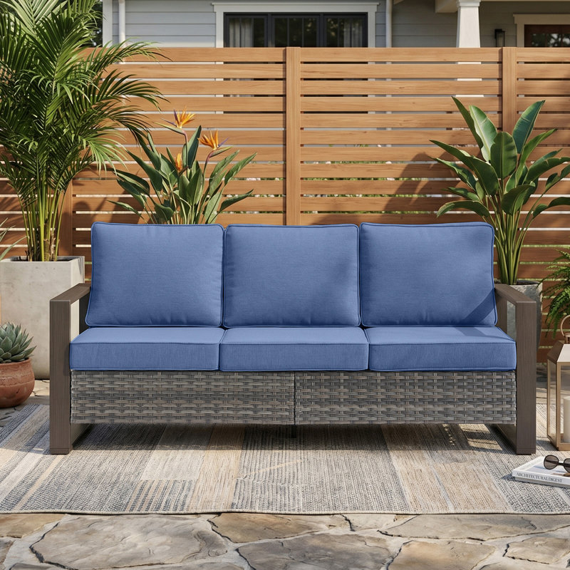 Allcot Patio Outdoor PE Wicker Sofa With Cushions, Bleu, Gris