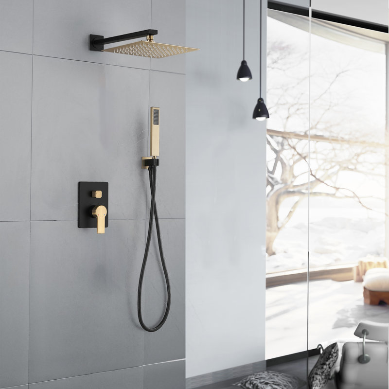 Wall Mounted Complete Shower System with Anti-Scald Pressure Balance Valve, Matte Black/Brushed Gold