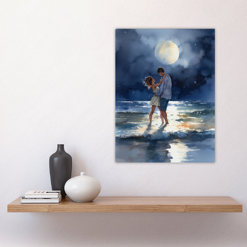 Wall Art Print Dancing In The Waves Watercolour Painting Blue Couple Dancing Under A Full Moon In Coastal Landscape Bedroom Art Poster