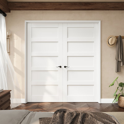 Porte française à 5 panneaux de 72 po x 80 po avec loquets noirs, plaque de porte à cadre solide avec cadre, porte intérieure française comme porte de garde-manger, porte de chambre à coucher, porte de buanderie, portes de placard, portes de chambre, loquet et levier de porte inclus