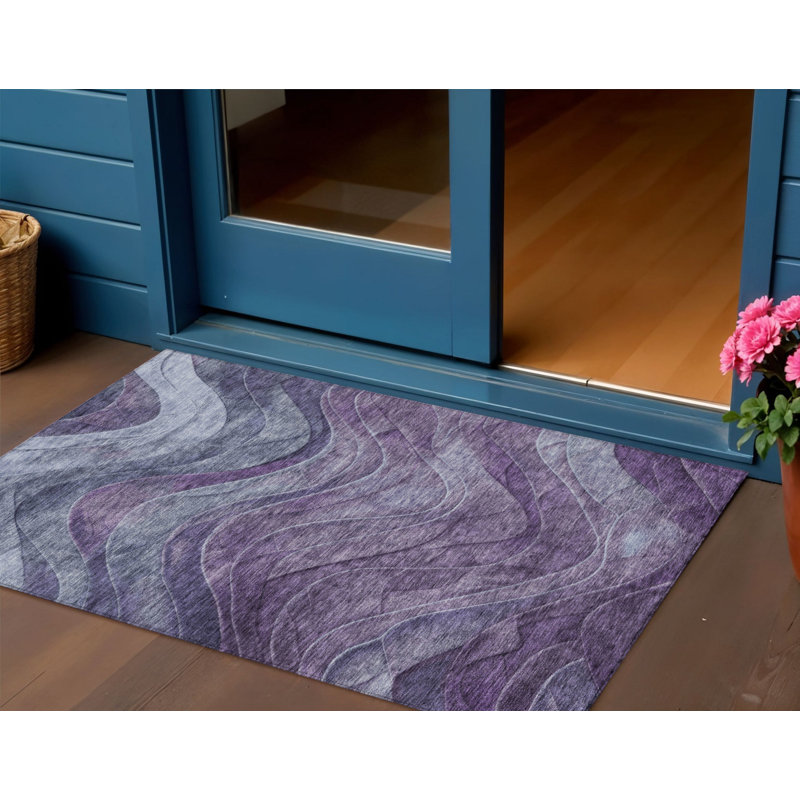 3' X 5' Purple And Gray Abstract Washable Indoor Outdoor Area Rug