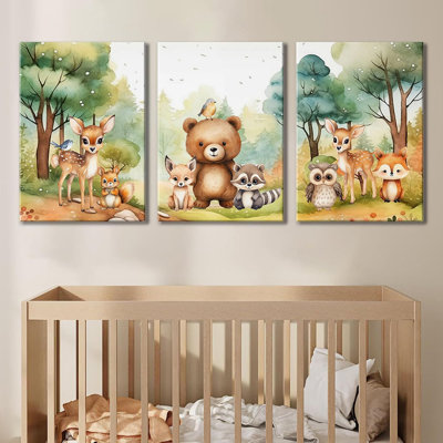 3 pièces Woodland Animal Nursery Wall Art Forest Animal Wall Decor Cute Aquarelle Deer Bear Fox, affiche, impressions sur toile, peintures, œuvres d'art pour enfants, décoration de chambre à coucher pour bébé, toile 12 x 16 po