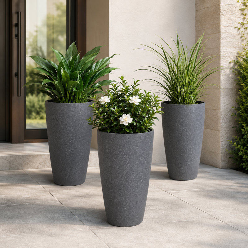 Grand pot de fleurs intérieur / extérieur en résine moucheté gris avec soucoupe et écran de drainage (ensemble de 3)