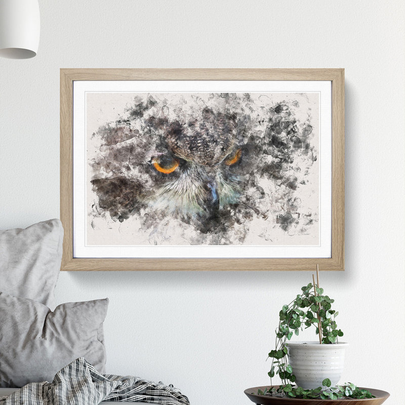 A Great Horned Owl Watercolour - Single Picture Frame Print on MDF, 45cm H x 63cm W x 2cm D, Oak Framed
