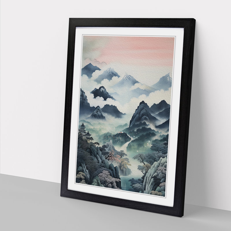 Japanese Mountains Contemporary - Framed Print, 64cm H x 46cm W x 2cm D, Black 