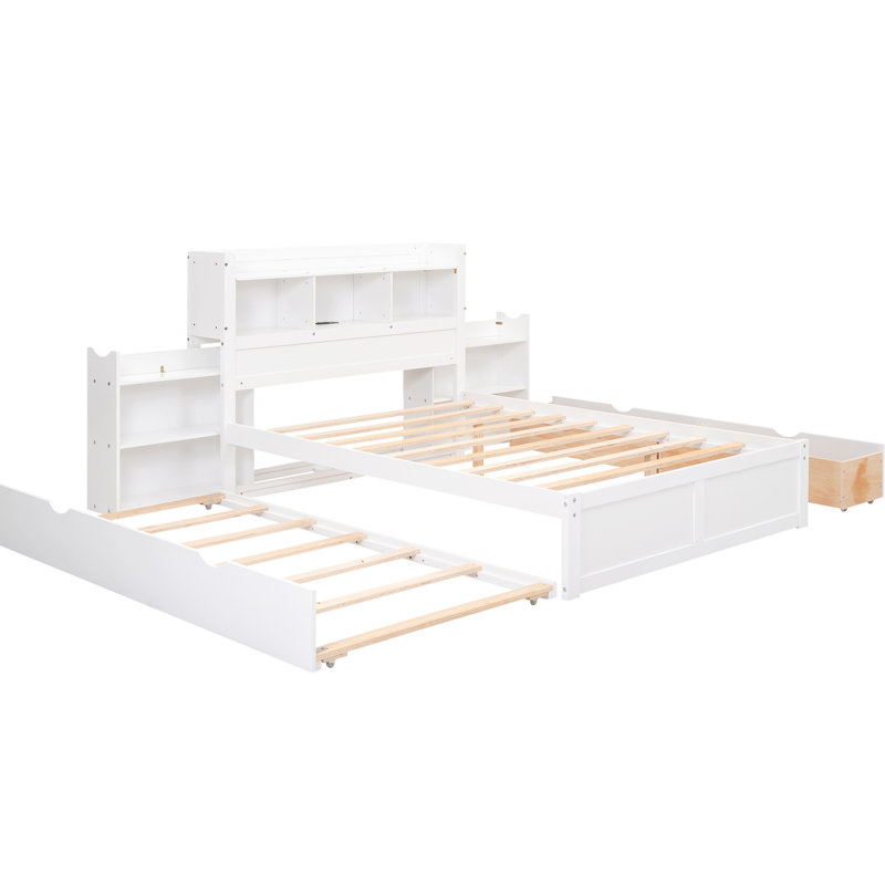 Lit plateforme blanc avec tablettes coulissantes, 2 tiroirs, lit gigogne simple, bois robuste, pas de sommier tapissier, rangement à ressorts pleine grandeur, finition