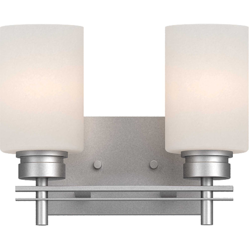 Carena 2-Light Indoor Nickel Bath or Vanity Wall Mount with Etched White Cased Glass Cylinder Shades