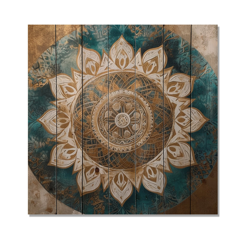 Sarcelle et mandala doré II - impression de mandala boho sur bois de pin naturel, H 35 po x l 35 po x P 0,78 po