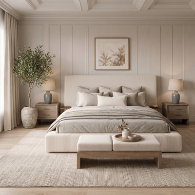 Air Upholstered Corduroy Platform Queen Bed with Adjustable Sliding Side Tables and Cloud Cushion