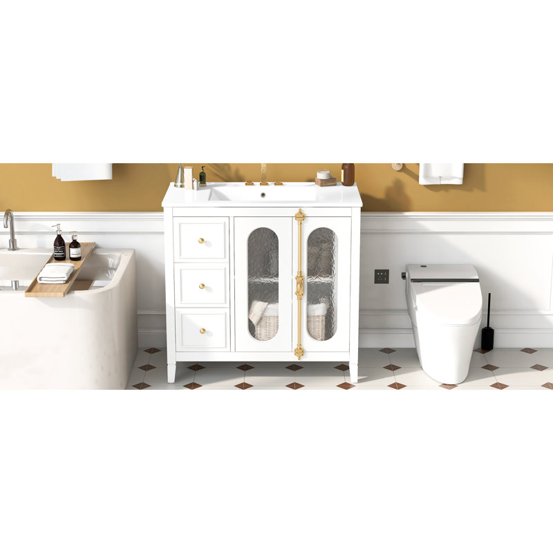 Armoire de rangement de salle de bain moderne de 36 pouces avec 3 tiroirs, portes en verre double, structure en bois massif, lavabo en céramique, apparence élégante, structure de rangement pour les articles de toilette, soins de la peau