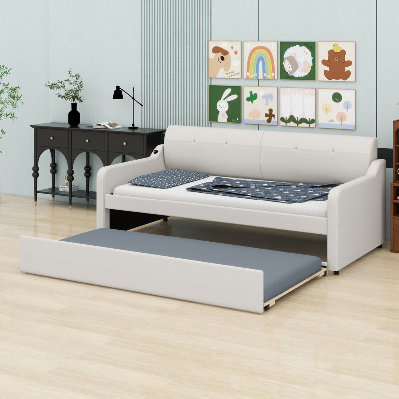 Upholstery Daybed With Trundle And USB Charging Design,Trundle Can Be Flat Or Erected, Beige