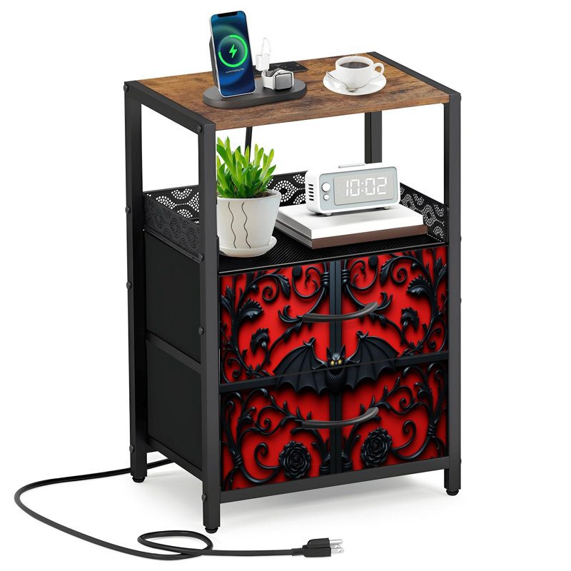 Table de chevet 2 tiroirs en tissu avec station de charge