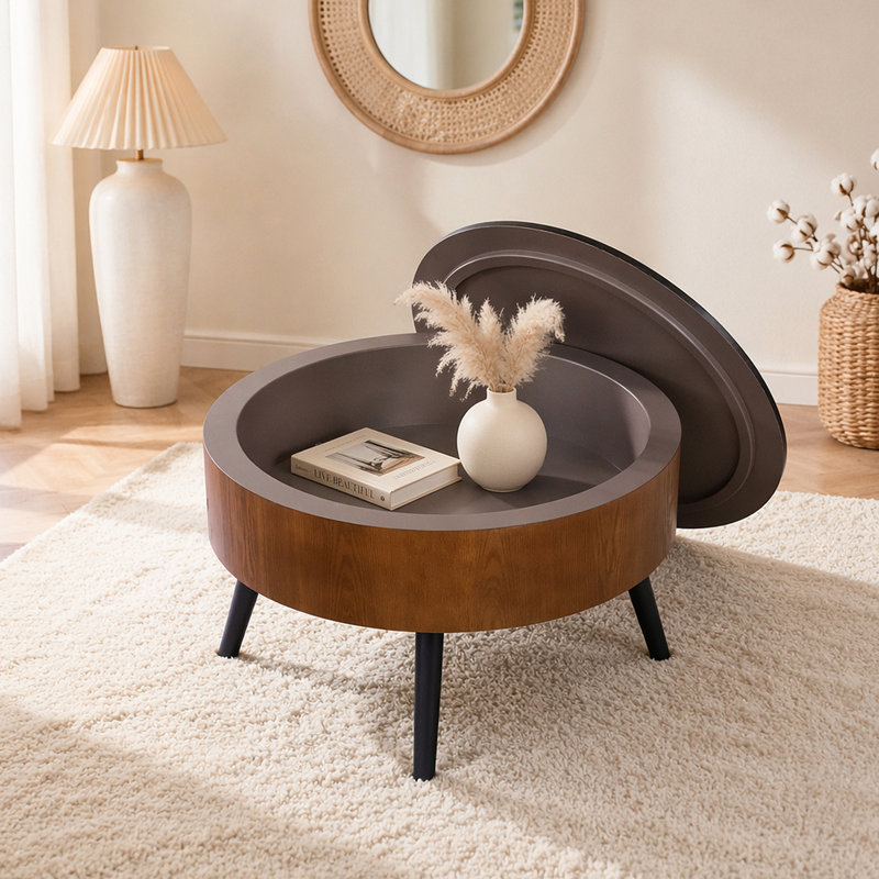 Table basse de 31,5 pouces ronde sculptée avec espace de rangement, table basse en bois de style moderne Mid-Century, conception à quatre pieds, 18 pouces de haut, table d'appoint de salon (brun et noir)