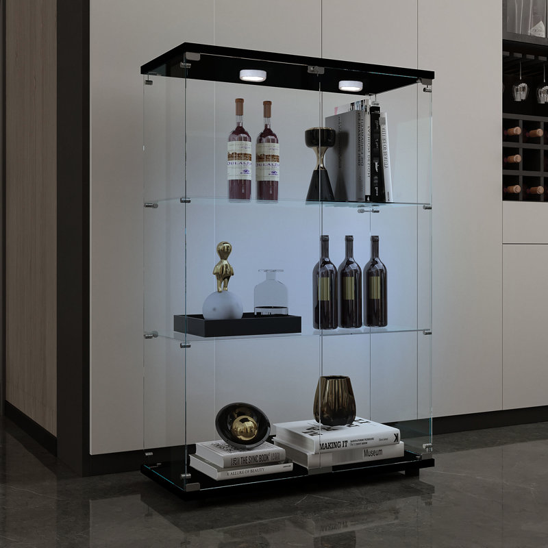 Classeur en verre trempé noir avec éclairage changeant de couleur, pieds de plancher réglables, peut être placé n'importe où, présentoir d'une capacité de 110 lb, 3 4 tablettes, sécuritaire et esthétique, style classique