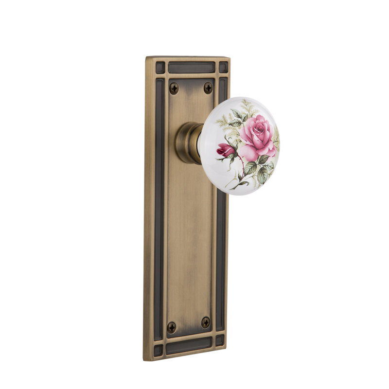 Plaque de mission avec bouton de porte en porcelaine rose, 2-3/4", Laiton antique
