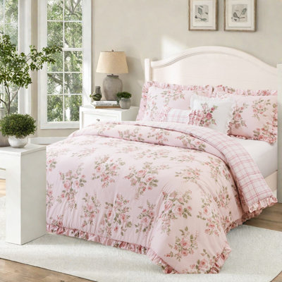 Ensemble de literie complet/queen, couette en microfibre rose à fleurs pour chambre à coucher