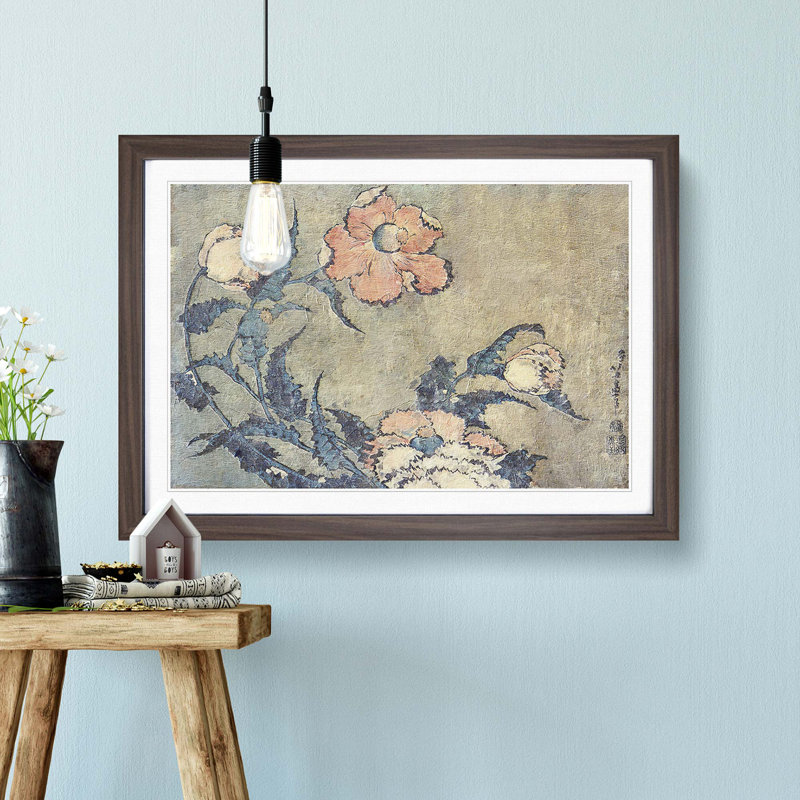 Poppies in the Wind by Katsushika Hokusai - Picture Frame Painting Print, 27cm H x 36cm W x 2cm D, Walnut Framed