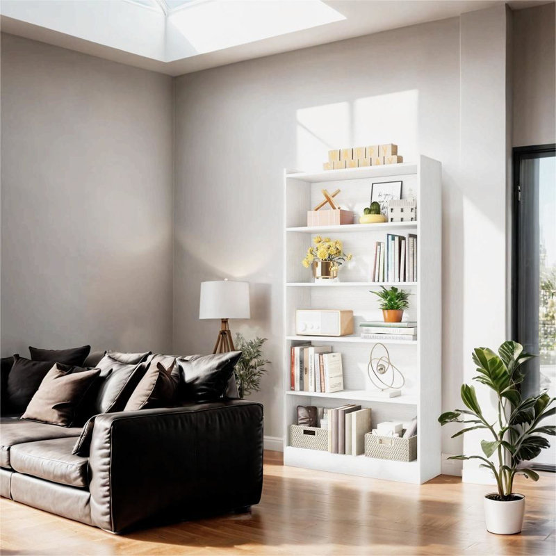 35.4'' W Bookcase, Modern Wood Tall Bookshelf, White, (5 Shelves) 72.04" H x 35.43" W x 11.81" D