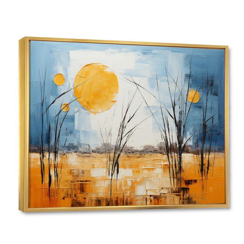 Jaune, bleu, prairies, or et ciel, sur toile, Cadre flottant doré, H 16 po x l 32 po x P 1 po