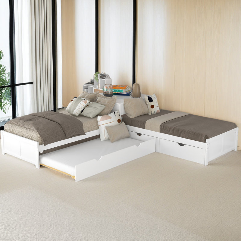 Lit plateforme en L avec lit gigogne et tiroirs, Blanc