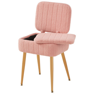 Teddy Fleece Upholstered Vanity Stool Chair with Storage and Folding Backrest