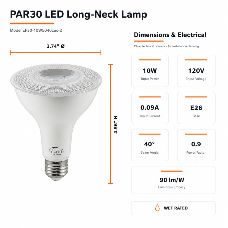 Ampoules DEL PAR30 Euri Lighting, 10 W, 900 lm, équivalent 75 W, 4000 K, culot E26, dimmables, homologuées CEC/JA8/UL, lot de 2