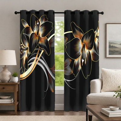2Pcs Black and Gold Floral Curtains, Elegant Botanical Style Curtain, Contemporary Metallic Flower Pattern Printed Art Grommet Drapes, Window Treatment for Bedroom Living Room Decor