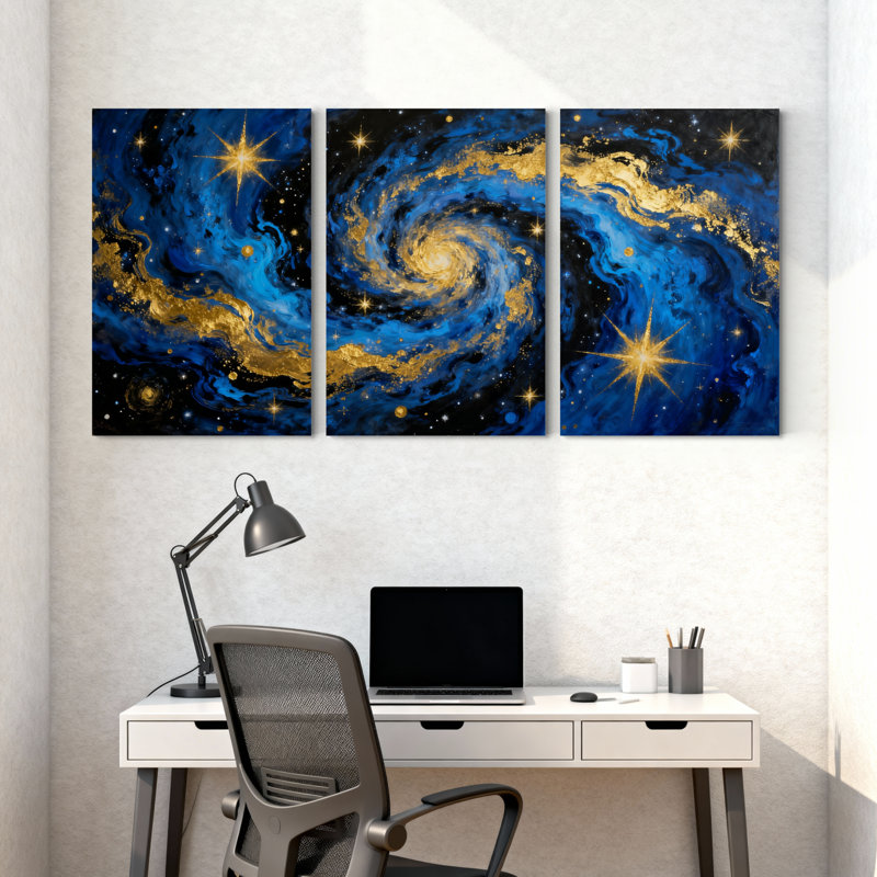 Abstrait galaxie dorée abstraite, nuit étoilée, ensemble de 3 impressions sur toile, H 30 po x l 60 po
