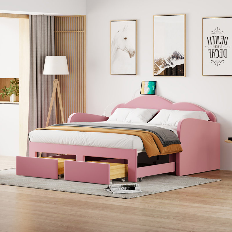 Lit de jour simple rembourré avec dossier en forme de nuage, lit gigogne, 2 tiroirs et ports USB, Rose