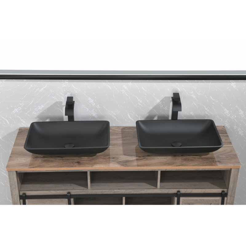One Bathroom Sink With Matte Black Faucet And Drain - 14.38"L X 22.25"W 4-3/8"H, Practical Design Rectangular Glass In 19.57 Lb Weight