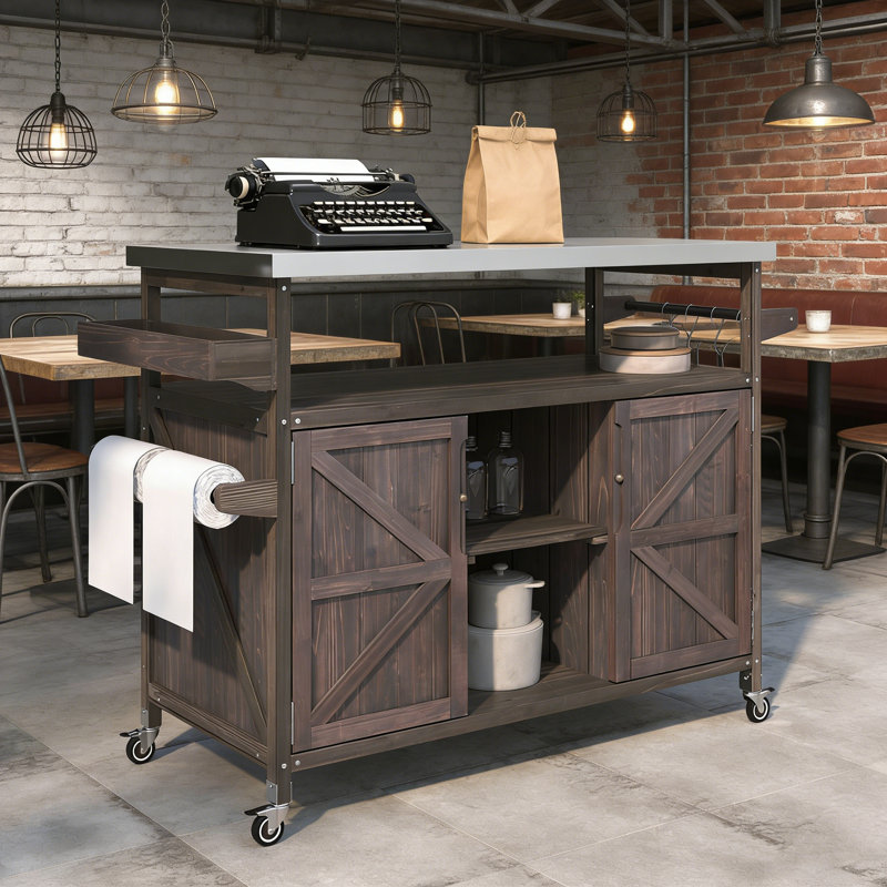 Rolling Outdoor Kitchen Island with Stainless Steel Top, Ample Storage, and Modular Design for Patio Grilling and Entertaining.