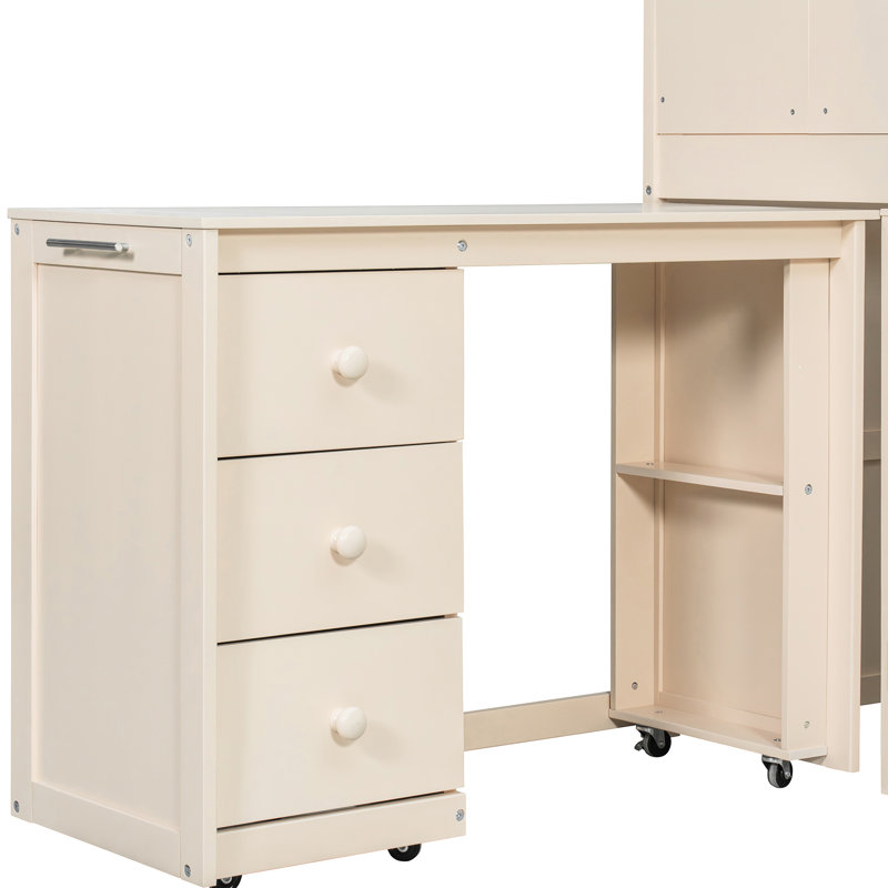 Lit mezzanine simple beige avec bureau coulissant, tiroirs de rangement et armoires fermées pour petites chambres