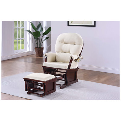 Fauteuil à bascule avec repose-pieds assorti - Revêtement en microfibre beige sur structure en bois massif - Siège classique pour chambre d'enfant ou salon avec poche latérale