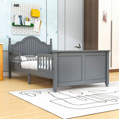 Wooden Bed With Safety Guardrails And Slats