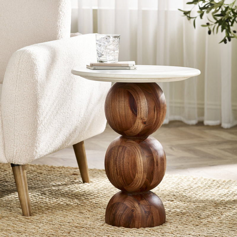 Veerly Solid Acacia Wood & Marble Effect Round Side Table - Rustic Modern Sculptural Design, White