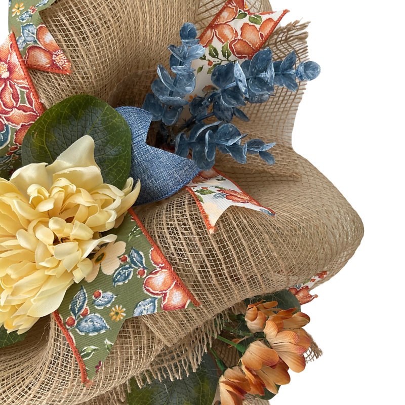 Couronne florale bleue et rouille toutes occasions fabriquée à la main