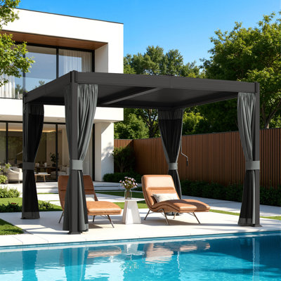 10 x 10ft Louvered Metal Pergola with Adjustable Roof, Waterproof Outdoor Gazebo, Rust-Resistant Patio Shelter with Privacy Curtains & Mosquito Netting for Deck, Backyard & Garden