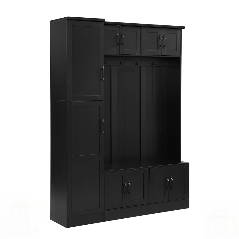 Tall Modern Hall Tree With Shoe Storage, 4-In-1 Entryway Bench, 6 Cabinets, 4 Coat Hooks & Adjustable Shelf For Efficient Organization