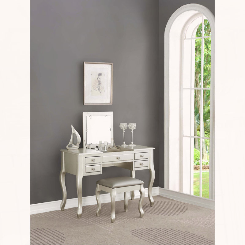 Ensemble de coiffeuse classique avec miroir rabattable et tabouret rembourré, Argent