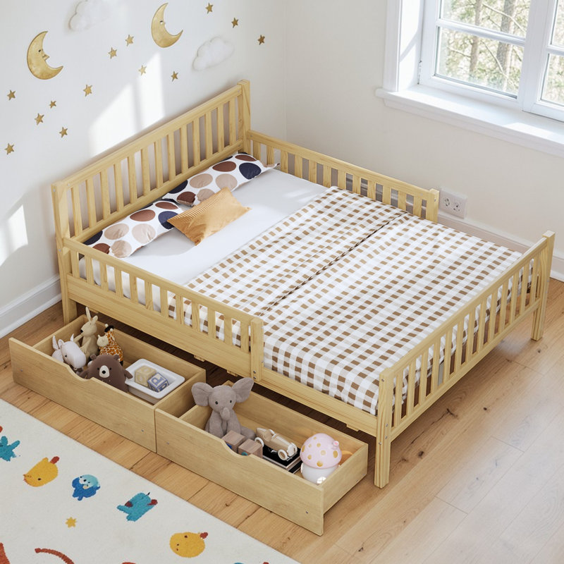Wood Platform Bed with Guardrails on Both Sides and Two Storage Drawers, Full, Natural