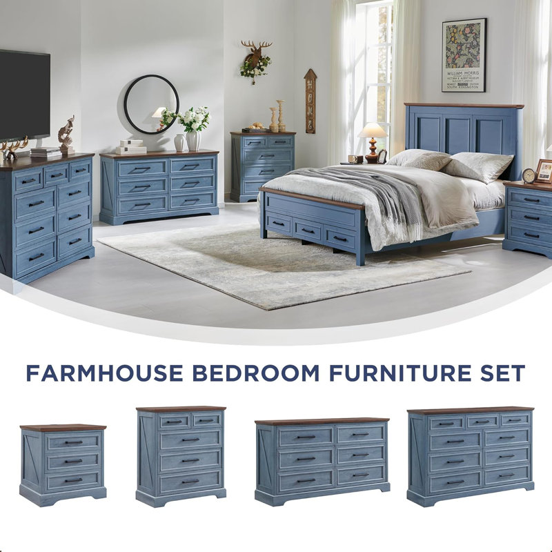 Blue and Brown 52" Farmhouse 6-Drawer Dresser with Rustic Wood