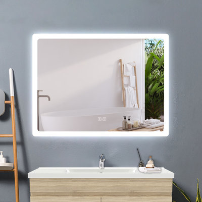 80x60cm Rectangular LED Mirror with Bluetooth,Adjustable LED Brightness,3 LED Colors,Anti-fog