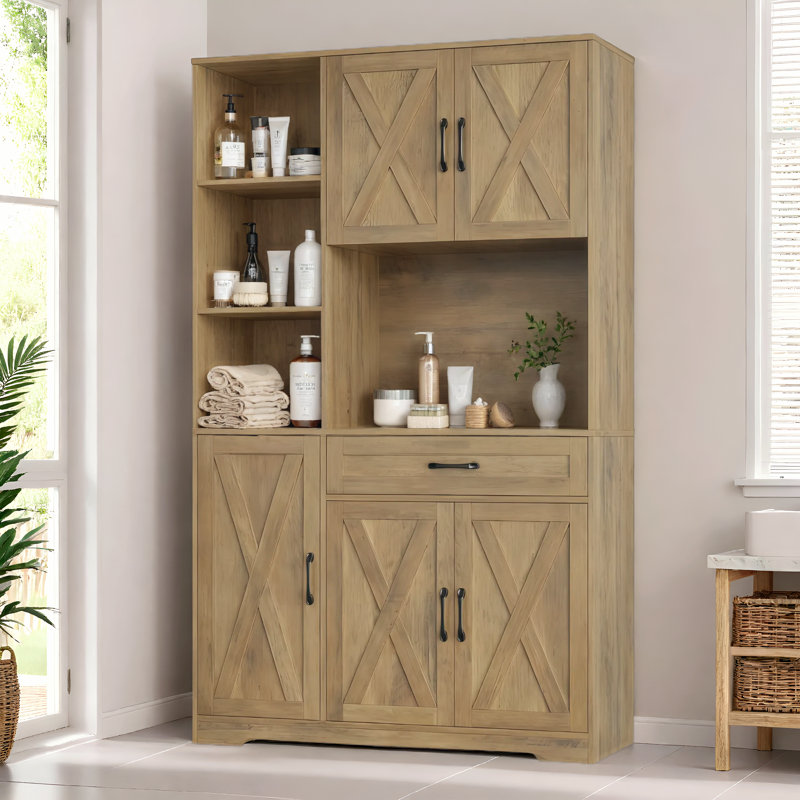 Armoire de salle de bain autoportante avec tiroir central 70,8 po Nechemya, Marron clair