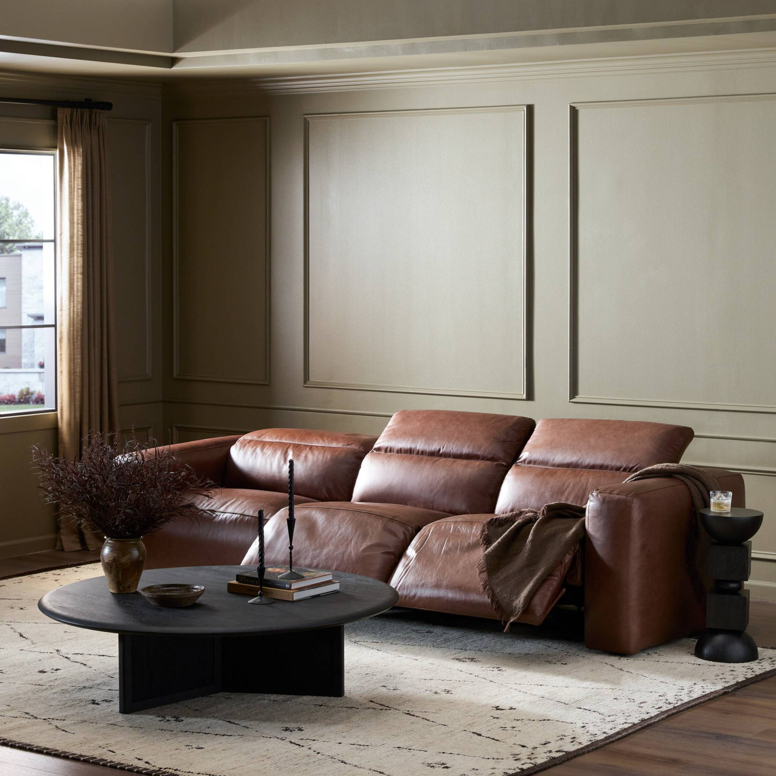 Amed 124" Genuine Leather Power Reclining Sofa, Sonoma Coco Top Grain Leather