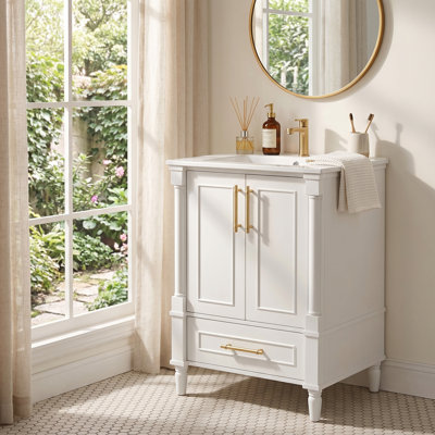 Meuble-lavabo de 24 po d'inspiration française avec motif orné - charnières à fermeture en douceur, tiroir et structure ouverte pour les petites salles de bain