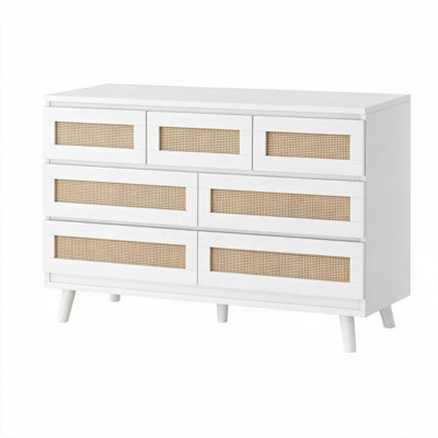6 Drawer Rattan Dresser with LED Lights and Charging Station, Storage Chest for Bedroom Living Room, White