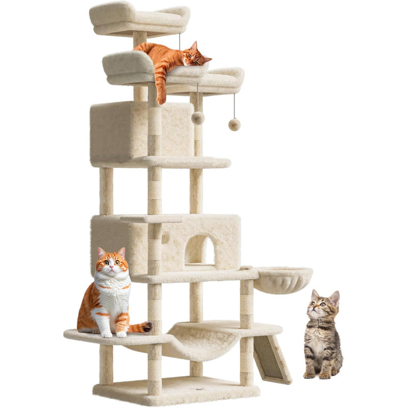 Très haute tour d'arbre à chat 68 po pour grands chats de plus de 20 lb, condo à plusieurs niveaux avec poteaux à griffer en sisal, perchoirs moelleux, hamacs, paniers, jouets suspendus et plateformes