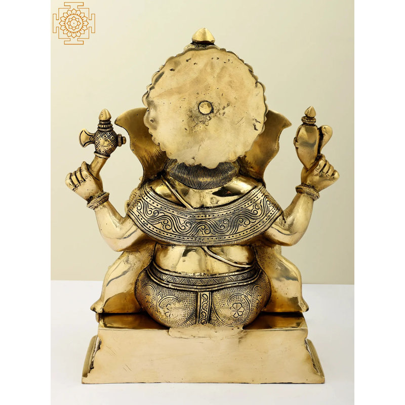 14" Brass Lord Ganesha Idol in Ashirwad Mudra – Handcrafted Hindu God Statue for Spiritual Blessings, Home Temple Decor