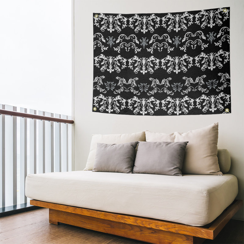 Tapisserie baroque en polyester polyester Oakland, H 50 po x l 59 po, Noir / Blanc / Gris