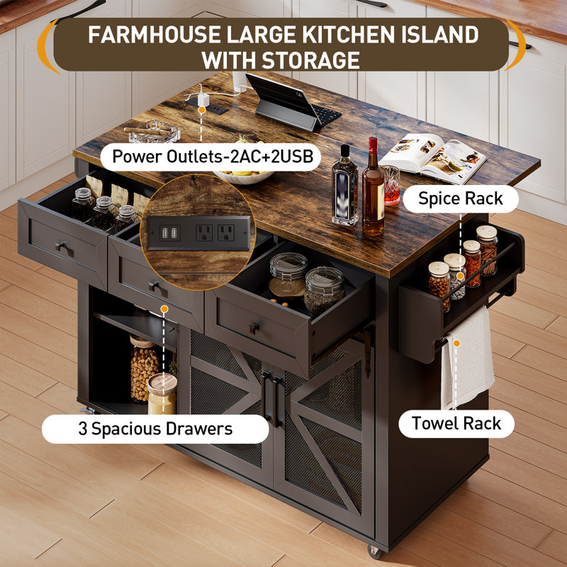 55" Kitchen Island with Storage, Barn Doors and Drop-Leaf, Rolling Cart with Charging Station, Black/Rustic Brown